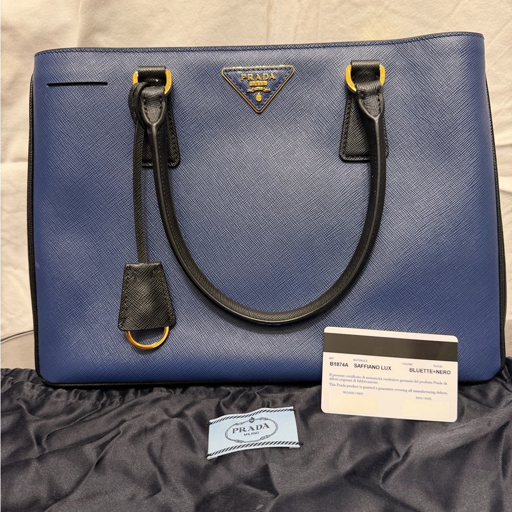 Prada Saffiano Lux Tote in Blue and Black